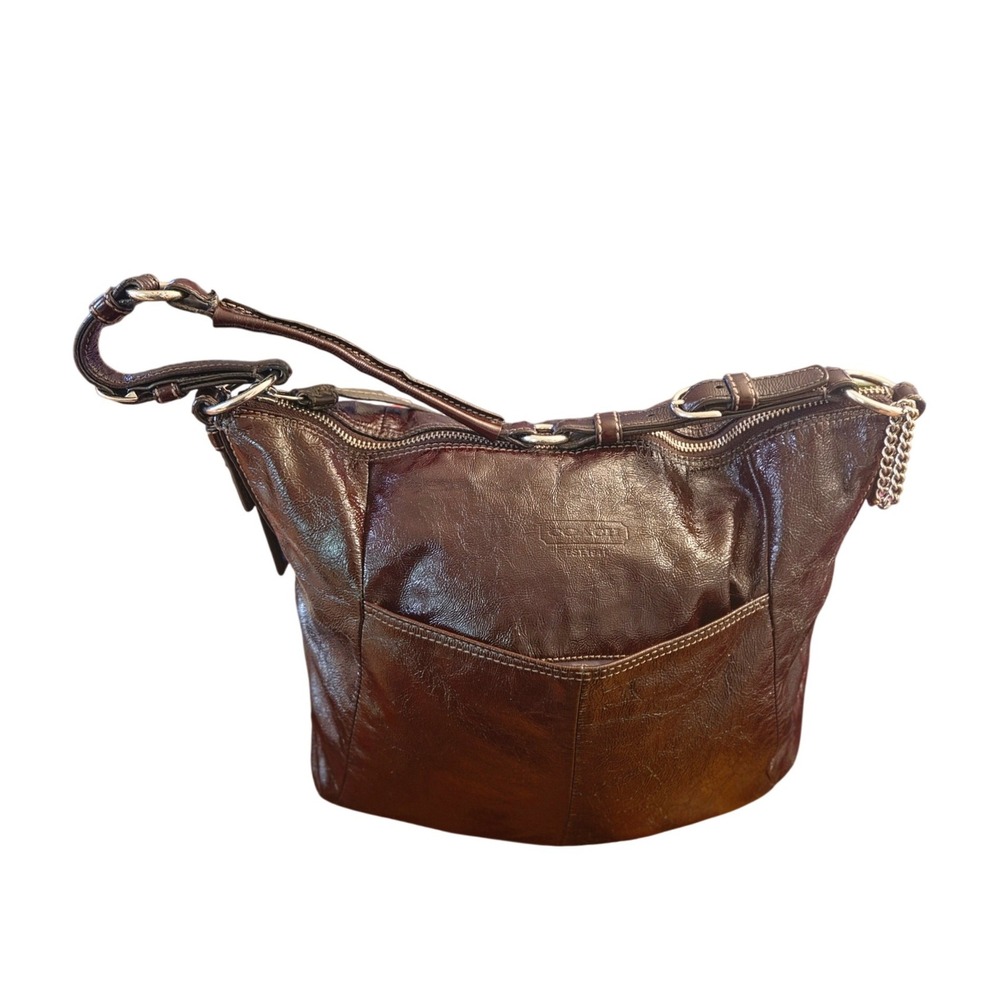Coach Mahogany Brown Glazed Leather Hobo Shoulder Bag Silver Hardware